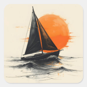 Silhouette zeilboot schets met Oranje zon Vierkante Sticker