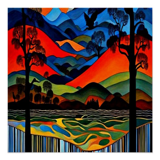 Silhouetted bird over landscape perfect poster (Voorkant)