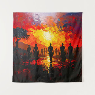 Silhouetten bij zonsondergang: Wandelaars op een v Wandkleed