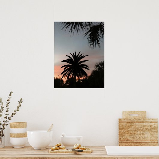 Silhouetten van palmbladeren bij zonsondergang poster (Keuken)