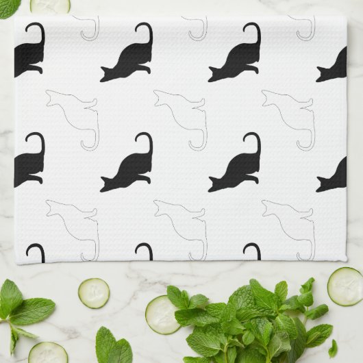 Silhouetten van zwarte en witte katten theedoek (Gevouwen)