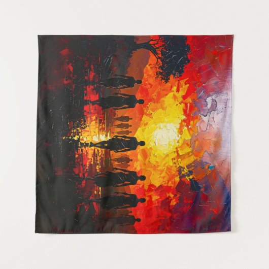 Silhouettes at Sunset: Fiery Horizon Walkers Wandkleed (Voorkant (horizontaal))