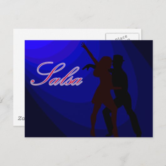 Silhouettes van salsa dansers met blauwe achtergro briefkaart (Voorkant / Achterkant)