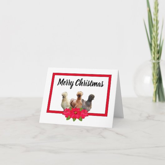 Silkie Bantam Chicken Kerstmis Poinsetta RedFrame Feestdagen Kaart (Voorkant)
