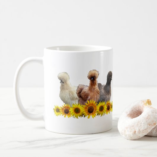 Silkie Bantam Chicken Trio en Sunbloemen Koffiemok (Met donut)