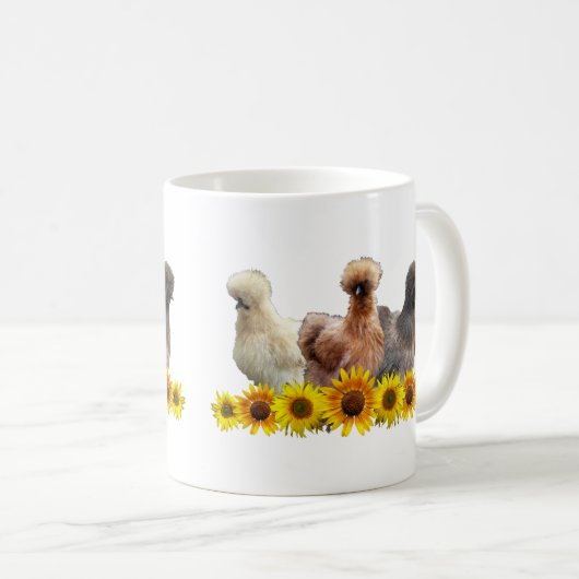 Silkie Bantam Chicken Trio en Sunbloemen Koffiemok (Voorkant rechts)