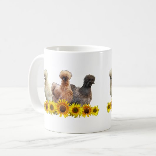 Silkie Bantam Chicken Trio en Sunbloemen Koffiemok (Voorkant links)