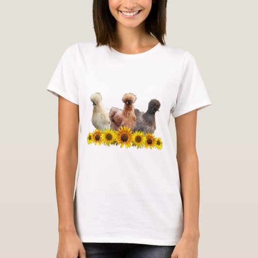 Silkie Bantam Chicken Trio en Sunbloemen T-shirt (Voorkant)
