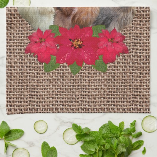 Silkie Bantam kerstkippen Santa Hats Burlap Theedoek (Gevouwen)