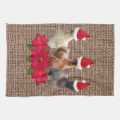 Silkie Bantam kerstkippen Santa Hats Burlap Theedoek (Horizontaal)