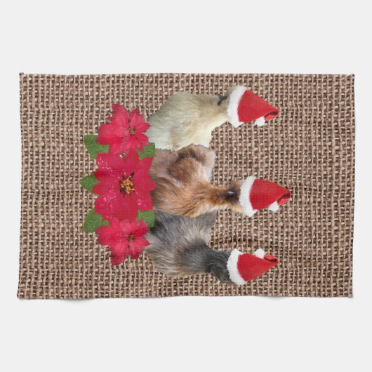 Silkie Bantam kerstkippen Santa Hats Burlap Theedoek (Horizontaal)