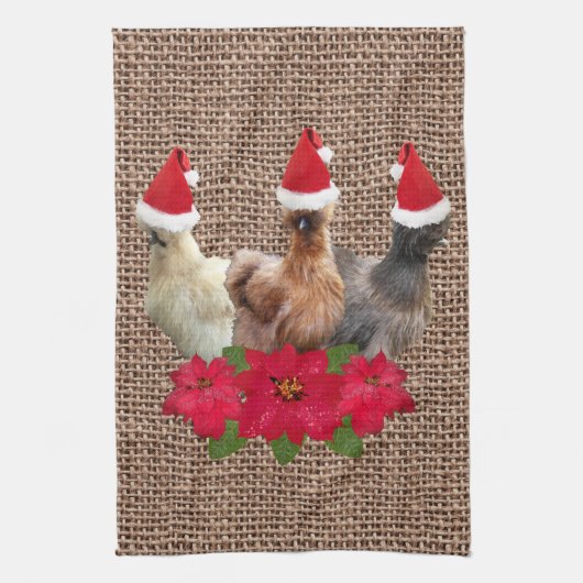 Silkie Bantam kerstkippen Santa Hats Burlap Theedoek (Verticaal)