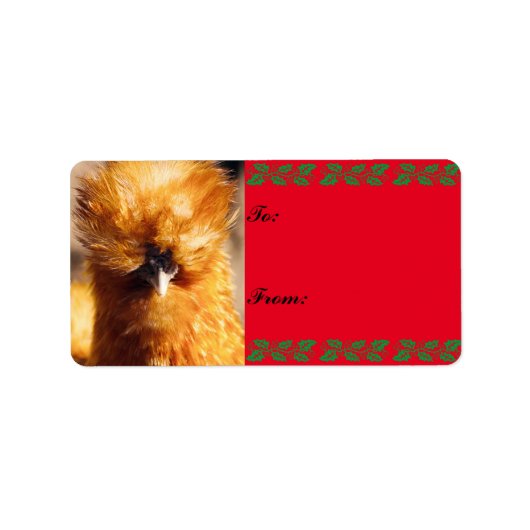 Silkie Chicken close-up Label met kerstcadeaus (Voorkant)