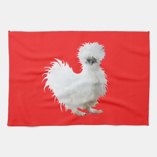 Silkie White Chicken on Red Tea Towel Theedoek (Horizontaal)