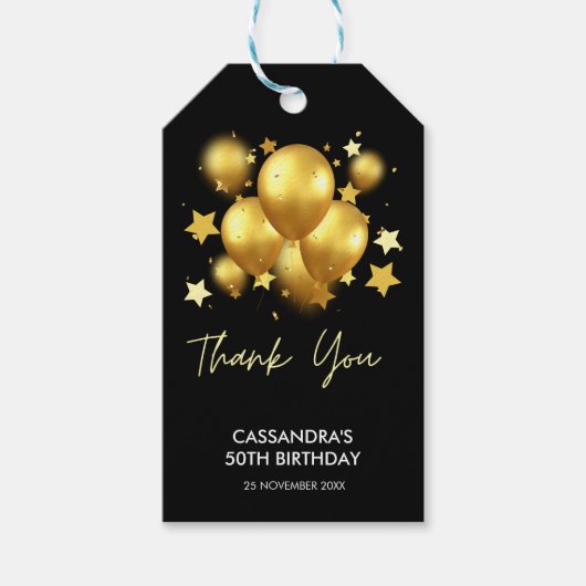 Silky Golden Balloons Stars Black Birthday Cadeaulabel (Voorkant)