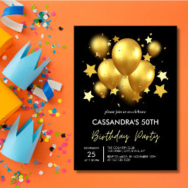 Silky Golden Balloons Stars Black Birthday Kaart