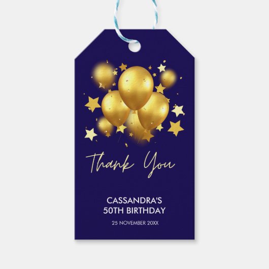 Silky Golden Balloons Stars Navy Verjaardag Cadeaulabel (Voorkant)