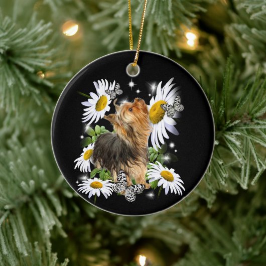 Silky Terrier Daisy Butterfly-herdenkingspoot afdr Keramisch Ornament (Boom)