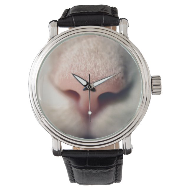 Silky White Kat  lederen riem Horloge (Voorkant)