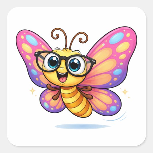 Silly Butterfly Cartoon With Glasses Vierkante Sticker (Voorkant)