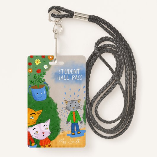 Silly Cartoon Cat Student Hall Pass Badge (Voorkant met draagriem)