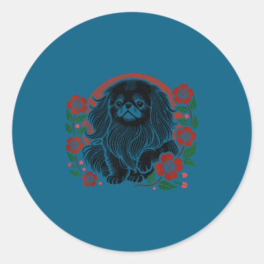 Silly Cherry Pekingese Blossoms Floral Dog Japanes Ronde Sticker (Voorkant)
