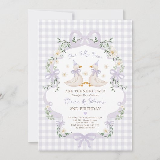 Silly Geese Twins Purple Bow Gingham Birthday Kaart (Voorkant)