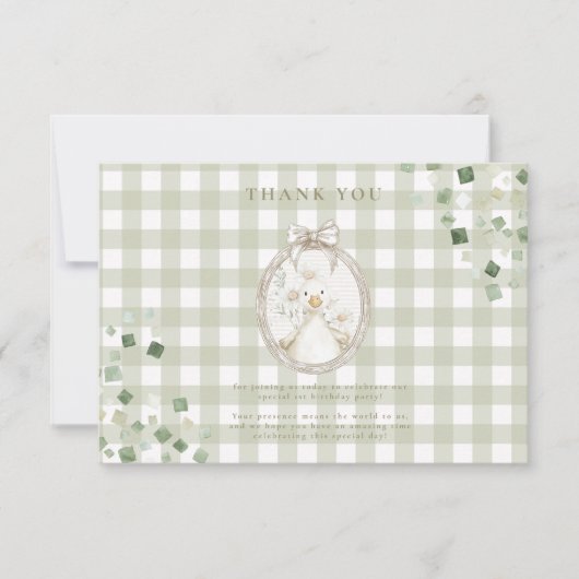 Silly Goose 1st Birthday Green Gingham Bedankkaart (Voorkant)