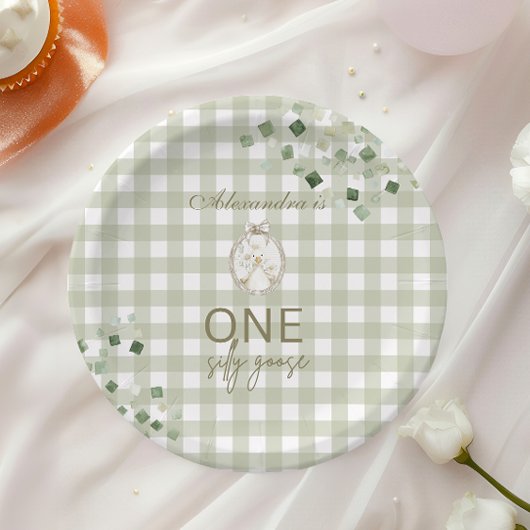 Silly Goose 1st Birthday Green Gingham Papieren Bordje