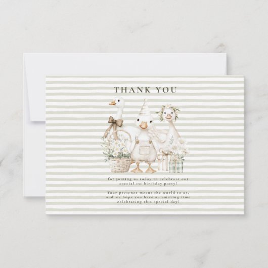 Silly Goose 1st Birthday Green Stripes  Bedankkaart (Voorkant)