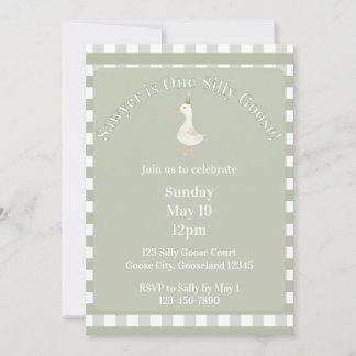 Silly Goose 1st Birthday Invitation (Sage Green) Kaart