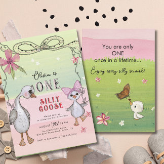 Silly Goose 1st Birthday Pink Bow Green Coquette  Kaart