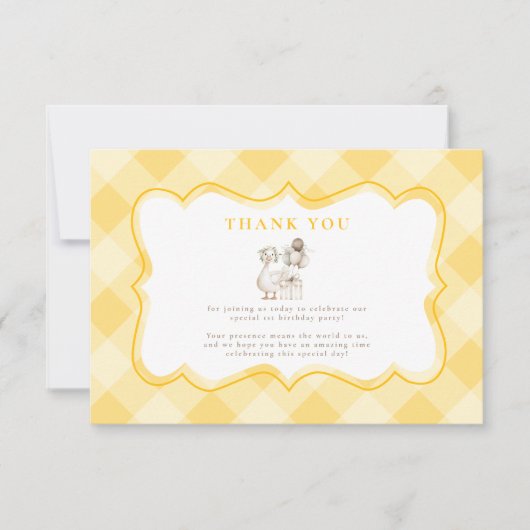 Silly Goose 1st Birthday Yellow Gingham Bedankkaart (Voorkant)