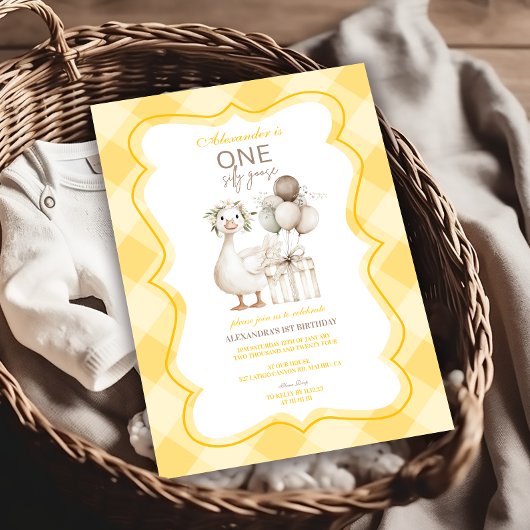 Silly Goose 1st Birthday Yellow Gingham Kaart