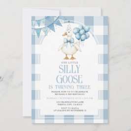 Silly Goose 3rd Birthday Blue Bow Gingham Balloon  Kaart