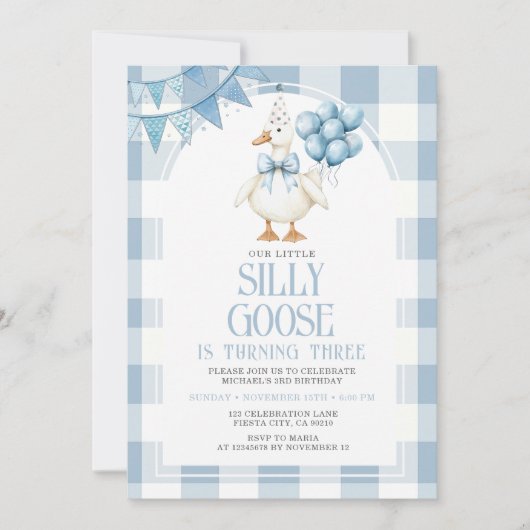 Silly Goose 3rd Birthday Blue Bow Gingham Balloon  Kaart (Voorkant)