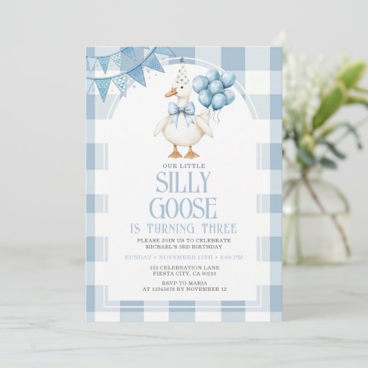 Silly Goose 3rd Birthday Blue Bow Gingham Balloon  Kaart (Staand voorkant)