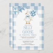 Silly Goose 3rd Birthday Blue Bow Gingham Balloon  Kaart (Voorkant / Achterkant)
