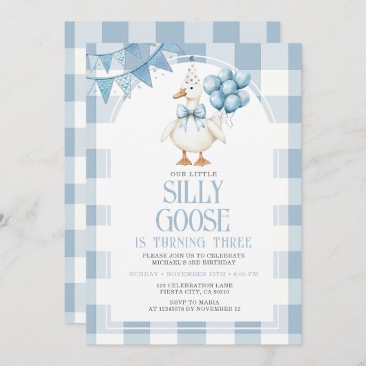 Silly Goose 3rd Birthday Blue Bow Gingham Balloon  Kaart (Voorkant / Achterkant)