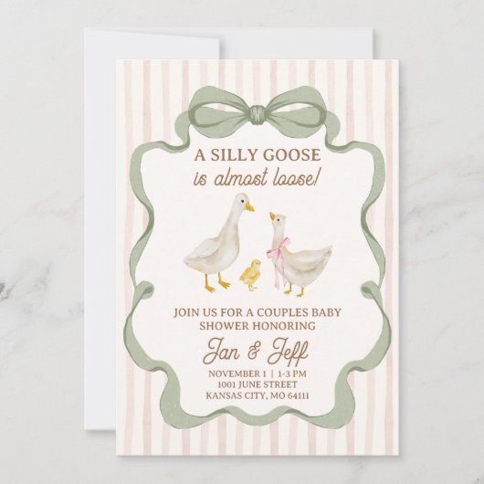 Silly Goose Baby Shower Invite Pink Stripe Kaart (Voorkant)