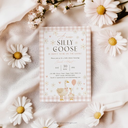 Silly Goose Baby Shower Invites Girl. Pink Gingham Kaart