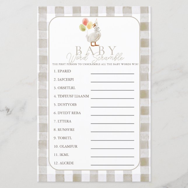 Silly Goose Beige Gingham Baby Word Scramble (Voorkant)