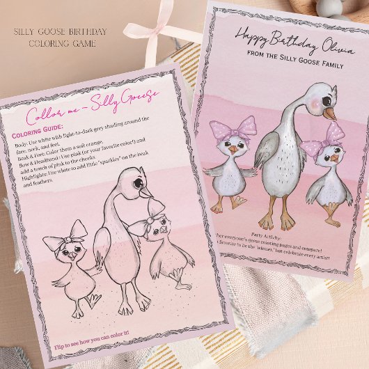 Silly Goose Birthday Coloring Game Pink Bow Card Kaart