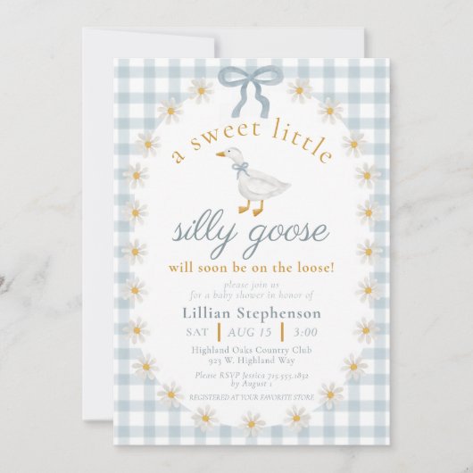 Silly Goose Blue Bow Daisy Gingham Baby Shower Kaart (Voorkant)