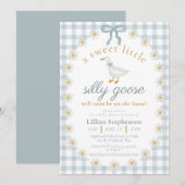 Silly Goose Blue Bow Daisy Gingham Baby Shower Kaart (Voorkant / Achterkant)