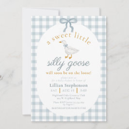 Silly Goose Blue Bow Duck Gingham Baby Shower Kaart