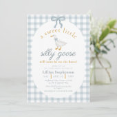 Silly Goose Blue Bow Duck Gingham Baby Shower Kaart (Staand voorkant)
