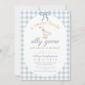 Silly Goose Blue Bow Duck Gingham Baby Shower Kaart (Voorkant)