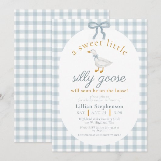 Silly Goose Blue Bow Duck Gingham Baby Shower Kaart (Voorkant / Achterkant)