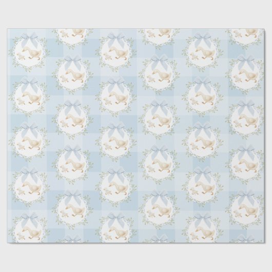 Silly Goose Blue Bow Whimsical Preppy Gingham Cadeaupapier (Vlak)